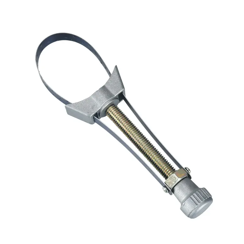 Adjustable steel wrench for engine oil filter removal, a maintenance tool suitable for automotive engine filters; an essential handheld tool for vehicle maintenance, automotive service tool.
