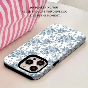 Blue Toile Floral Fabric Element-Design Phone Case, Suitable For IPhone Models 16, 15, 14 Pro Max,  Plus Phone Cases, Made Of TPU Silicone Material, Providing Shock Drop Protection, With Drop Protection Function, Very Good Hand Feel. Smartphone Cellphone