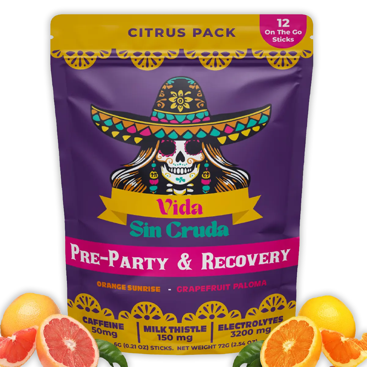 Vida Sin Cruda Pre-Party Power Hydration Citrus Flavor Mix 12 On-The-Go Sticks with 50mg Caffeine 150mg Milk Thistle & 3200mg Electrolytes