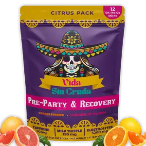 Vida Sin Cruda Pre-Party Power Hydration Citrus Flavor Mix 12 On-The-Go Sticks with 50mg Caffeine 150mg Milk Thistle & 3200mg Electrolytes