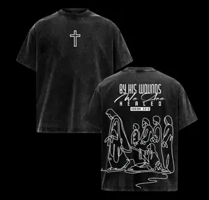 By His Wounds We Are Healed Isaiah 53:5 Washed Black Christian Graphic Tee | Minimalist Cross & Jesus Line Art Oversized Vintage Faith Streetwear T-Shirt