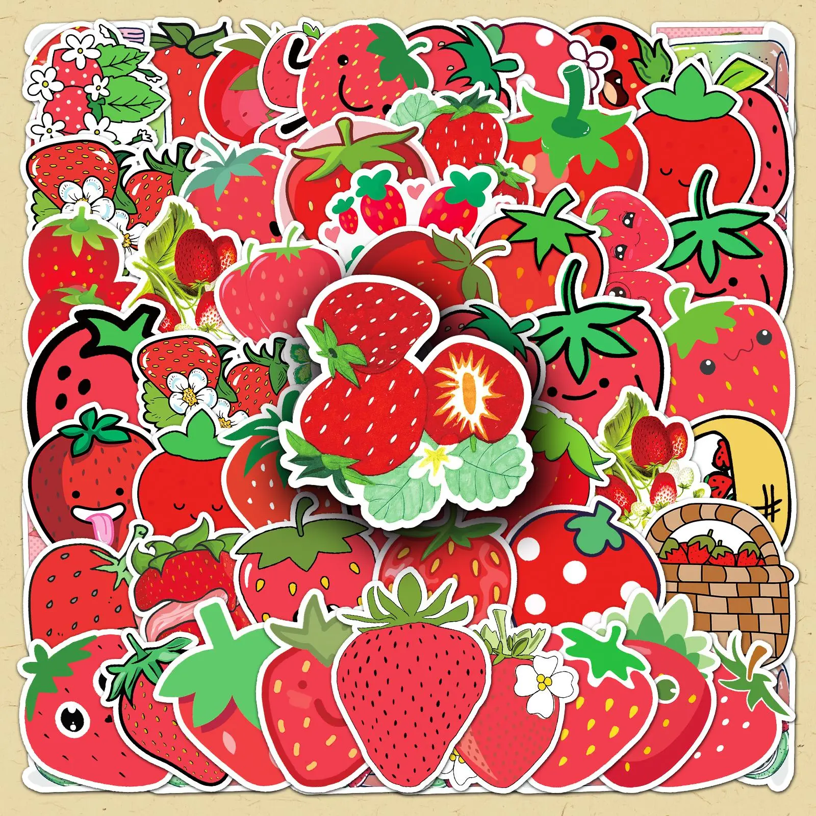 Strawberry Pattern Sticker, 50pcs/set Cute Creative Fruit Sticker, DIY Decorative Sticker for Phone Case, Scrapbooking, Journal Making