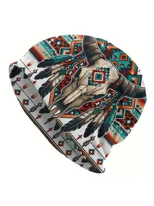Southwestern Cow Skull Beanie Hat - Boho Tribal Design with Turquoise Feathers & Geometric Patterns, Stretchy Unisex Ski Cap for Men & Women, Warm Winter Accessory, Outdoor Sports Gear, Comfortable Knit, Cold Weather Gear, Bohemian Style, Turban Cap