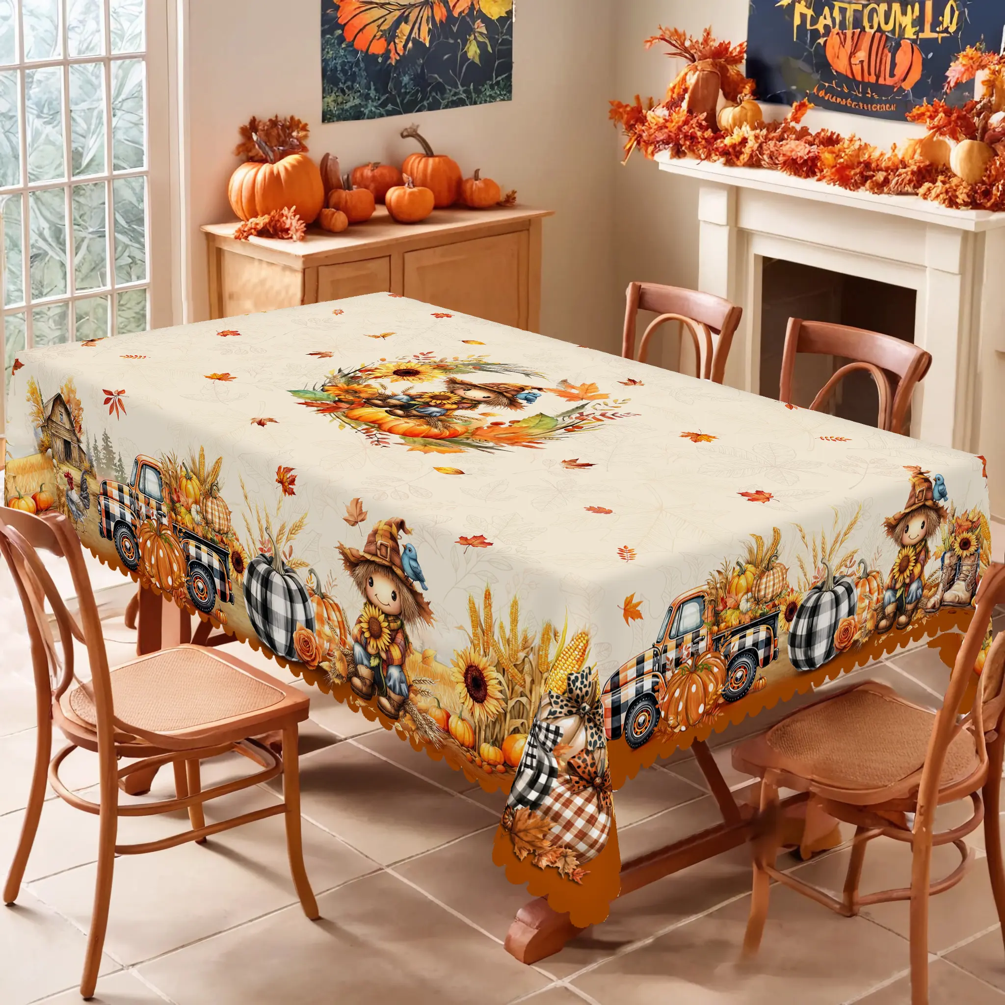 PLUMLIK Vintage Embossed Polyester Fall Harvest Tablecloth - Home Supplies, Multi-Size Rectangle/Round, Scarecrow Pumpkin Flower Prints, Farmhouse Decor for Indoor-Outdoor Party Kitchen Accessory, Embossing, Flowers