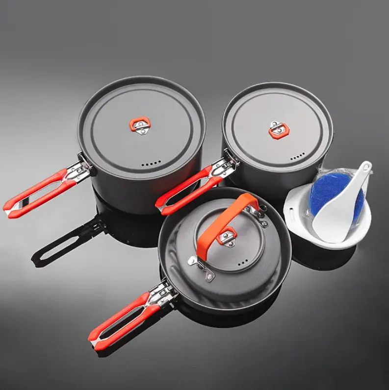 Feast 12-Piece Aluminum Camping Cookware Set - Nesting pots, frypan & kettle, anodized aluminum with stainless-steel rims, packable lightweight camping kitchenware for hiking, outdoor family trips (2-4 people)