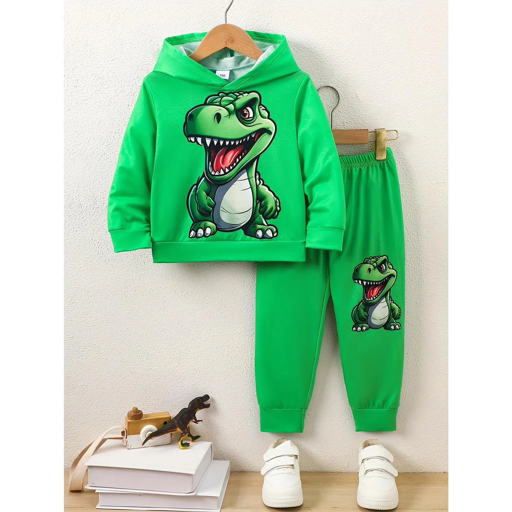 Boys Autumn Winter Cartoon Dinosaur Print Hoodie + Cartoon Dinosaur Print Sweatpants Two-Piece Set, Suitable for Boys' Outdoor Wear in Autumn and Winter, Gift for Children