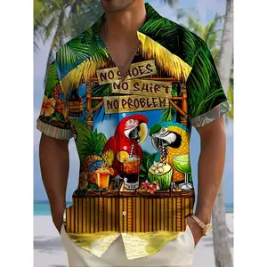 Men's Retro Hawaiian Parrot Print Button Shirt - Tropical Beach Scene, Featuring 'NO PROBLEMS' Logo, Short Sleeve, Lightweight Polyester Fiber, Perfect for Casual Wear