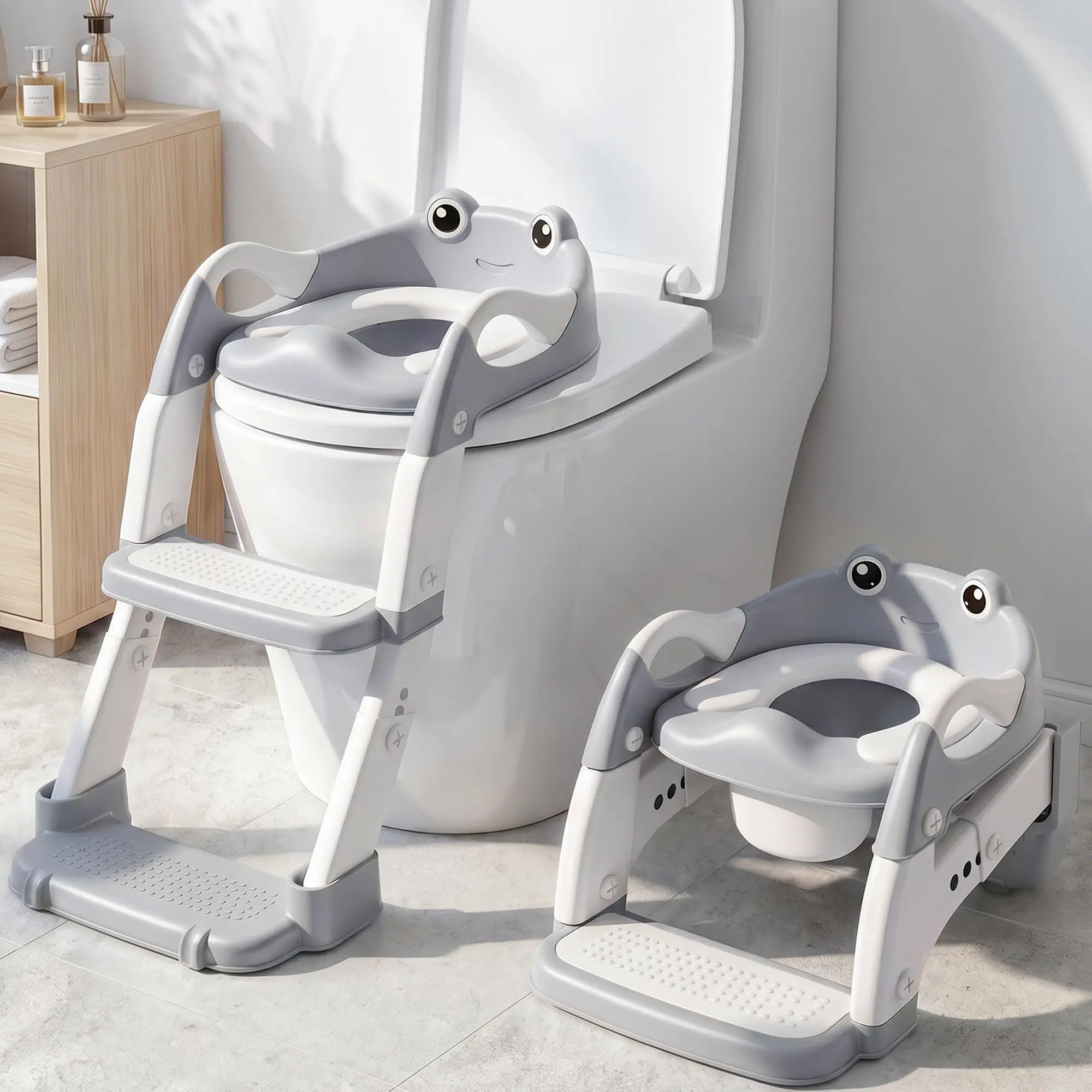 2-in-1 Potty Training Seat & Training Toilet & Potty Chair, Height AdjustableToddler Toilet Seat for Kids, Foldable Potty Training Toilet with Splash Guard & Anti-Slip Steps, Grey