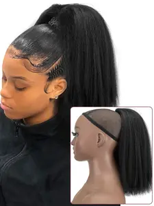 10 inch Straight Ponytail Hair Drawstring Ponytail Yaki Texture Natural Color Natural Black Loose Wig Drawstring Elastic Band Synthetic Short Hair Fluffy Thick Ponytail Hair Extensions for Women Daily Use Synthetic Hairpieces