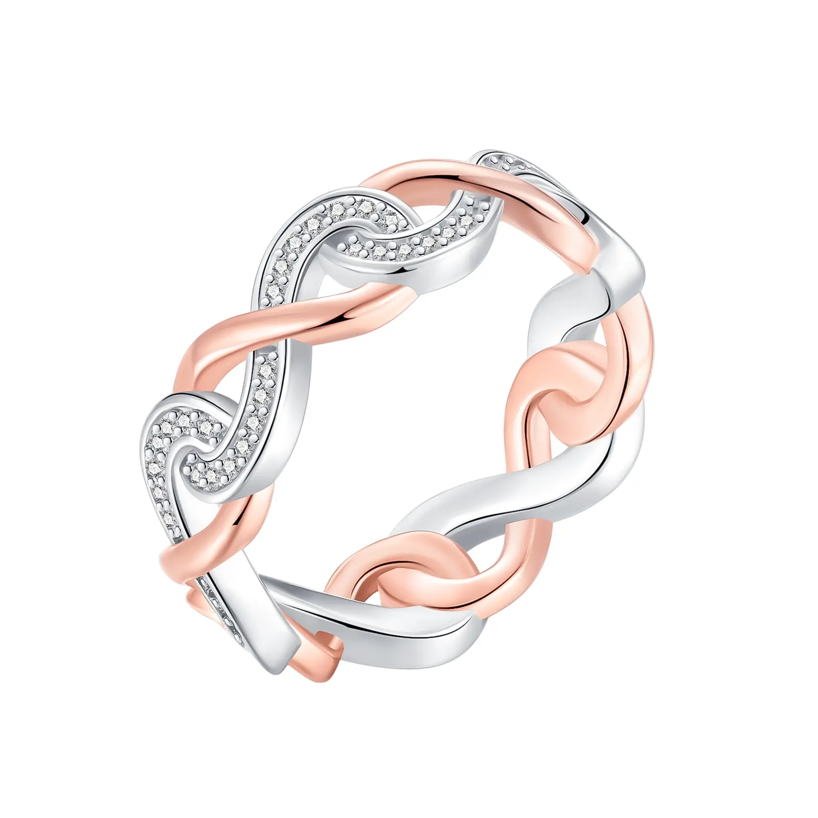 Women's 2-Tone Rose Gold-Silver Interlocking Polished Ring, Sparkling CZ Twist Band, Stackable Costume Jewelry Gift, Polished Rings
