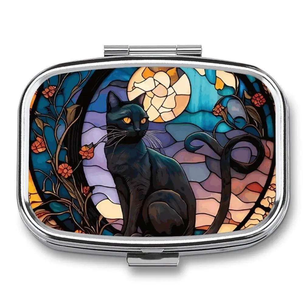 Moon Cat Pattern Pill Box, 1 Count Portable 2-compartment Medicine Pill Case, Portable Medicine Case, for Pockets Purses Travel Unique Gift