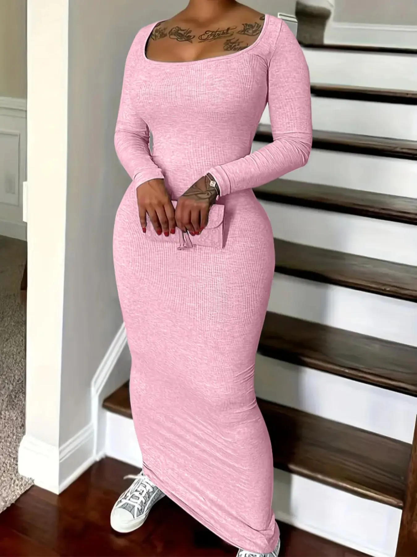 solid scoop neck bodycon dress EZwear Solid Scoop Neck Bodycon Dress WestLine Apparel