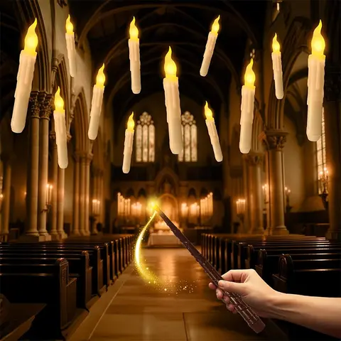 12 PCS Harry Potter Floating Candle Lights, Wand Remote Control Halloween Decorative Lights, Party lighting decoration, Flameless Hanging LED Candle Lights, Decorative Lights for Home Church Parties, Battery Operated Taper Candle Holders, Magical