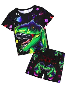 Boys' 2-Piece Short Pajama Set, Dinosaur Print Sleepwear, Casual Comfortable Fit, All-Over Cartoon Pattern, Daily Wear Home Clothes