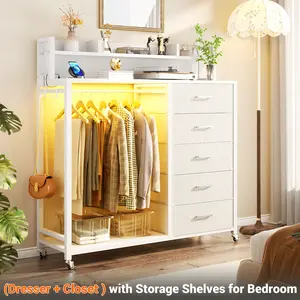 iSunirm Dresser for Bedroom with Clothes Rack & Shelves, 5 Fabric Drawers Dresser with Charging Station & LED Lights, Chest of Drawers with Lockable Wheels, Storage Shelves, Closet, Entryway