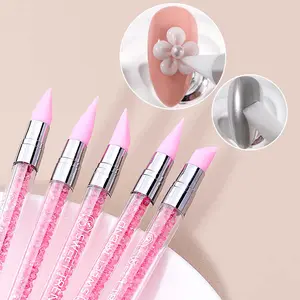 5-Piece Dual-Head Rhinestone Nail Art Silicone Carving Pen Set, DIY 3D Flower Sculpture Brush & Decorative Tools for Manicures, Nail Art Kit