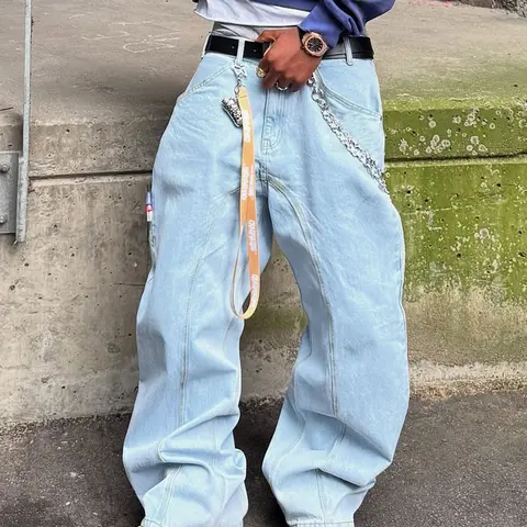Loose Fit Wide Leg Jeans Pants with Patchwork Design and Pocket, Light Wash Denim Jeans, Loose Fitting Denim, Casual Jeans, Fashionable Y2K Hip Hop Streetwear Style, Menswear, Jeans with Pockets, Perfect Gift for Boyfriend or Husband