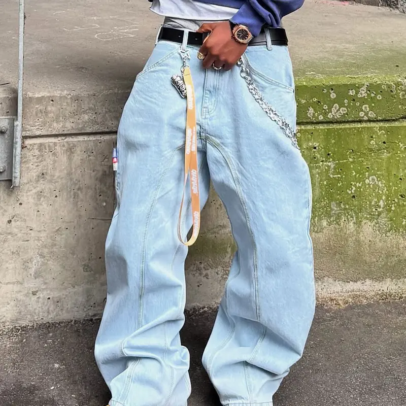 Loose Fit Wide Leg Jeans Pants with Patchwork Design and Pocket, Light Wash Denim Jeans, Loose Fitting Denim, Casual Jeans, Fashionable Y2K Hip Hop Streetwear Style, Menswear, Jeans with Pockets, Perfect Gift for Boyfriend or Husband