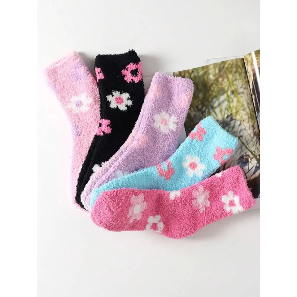 5 Pairs of Cozy Coral Fleece Cat Ear Slipper Socks – Trendy Autumn/Winter Style!