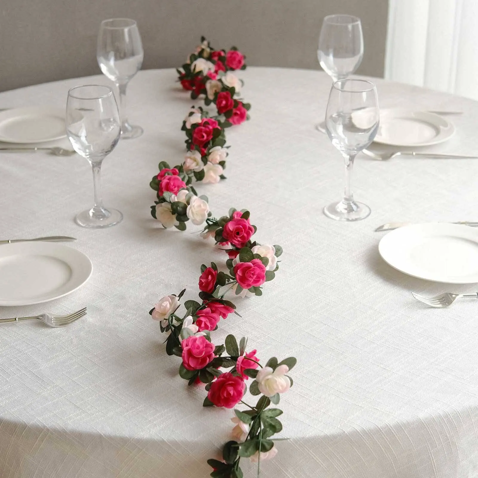 2-Pack Blush Fuchsia Artificial Silk Rose Hanging Garland - 45 Flower Heads, 8 ft Long Arch Trellis Flowers, Indoor/Outdoor Decor for Bedroom, Balcony, Wedding Home Supplies
