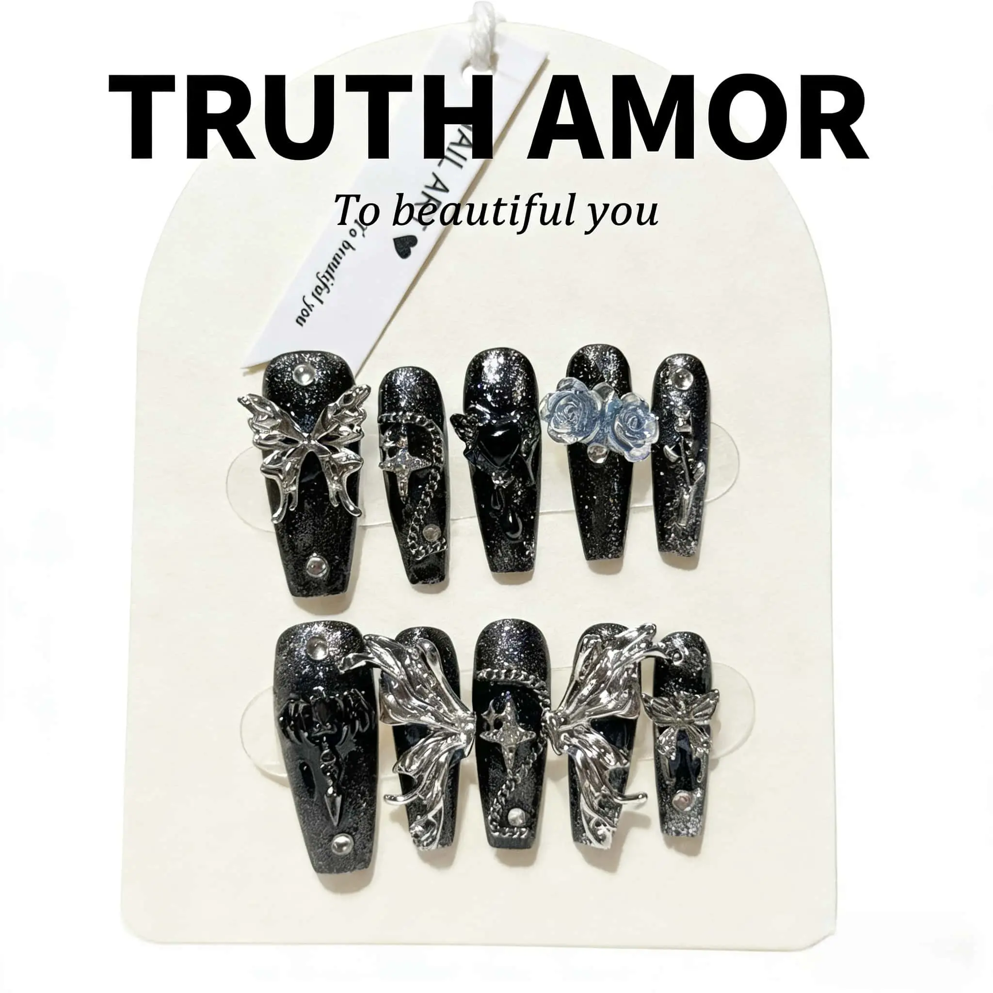 1Set, TRUTH AMOR Dark Gothic Butterfly Press On Nails, Sparkly Black Base, 3D Silver Butterfly Blue Rose Charm, Long Coffin Fake Nail, Hot Viral Punk Nail For E-girl Outfit, Easy DIY Nail Art At Home, Reusable Stylish Manicure Accessory