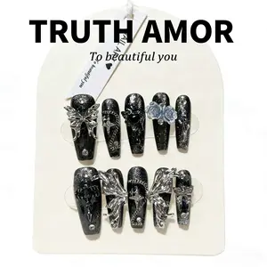 10pcs | TRUTH AMOR Futuristic Silver Metallic Cyberpunk-Style "Demon God Night Awakening" Press-On Nails • Ultra-Thin & Seamless • Removable & Reusable | Must-Have for Music Festivals, EDM Parties & Cyber Hot Girls,CyberpunkNails,Christmas Gift