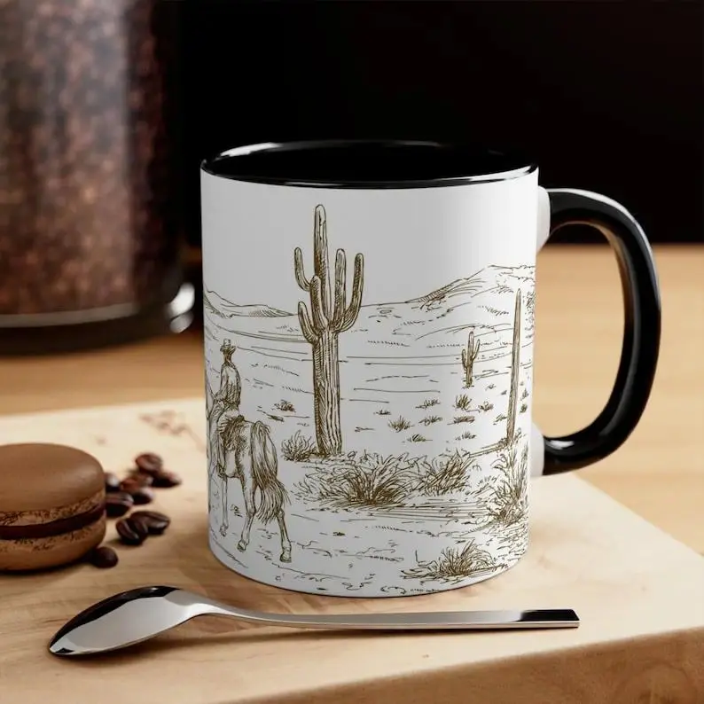 11oz Stylish Printed Cowboy Accent Ceramic Mug - Western Rodeo Horseback Riding Rustic Wild West Coffee Tea Cup, Reusable Washable Retro Hoedown Party Drinkware, wes10041, Reuse