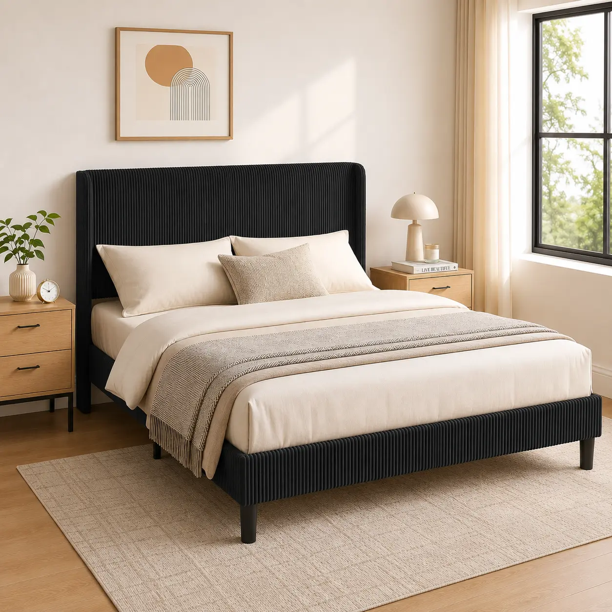 [BED FRAME ONLY] [SummerSale] ALBOTT Modern Upholstered  Bed Frame with Corduroy Headboard, Minimalist Platform Bed with wingback Design, Easy Assembly, No Box Spring Needed, Headboard Splicing, Full/Queen/King Size