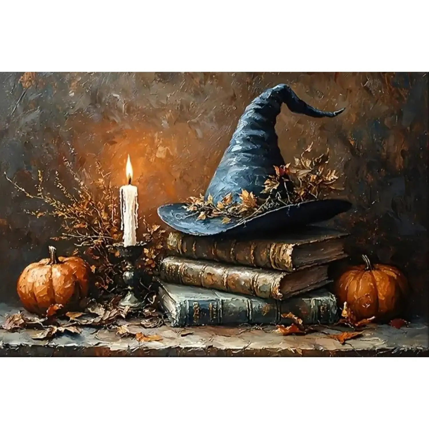 5D Full Drill Diamond Painting, Vintage Witch Hat on Antique Books with Candle & Pumpkins, Rustic Fall Halloween Cottagecore DIY Wall Art