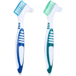 WLLHYF 2Pack Denture Brush Denture Toothbrushes Double Sided Denture Cleaning Brush Set Premium Hygiene Denture Cleaner Set Multi-Layered Bristles Rubber Handle(Blue/Green)