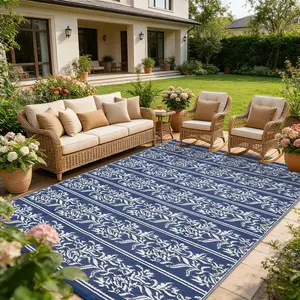 Bohemian Sun Pattern Outdoor Rug with Leaf Print Large Size Plastic Straw Rug Double-Sided Foldable Easy to Port for Patios Balconies Beaches Pools RVs and Picnics