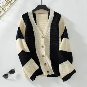 Women's Striped Cardigan Sweaters Color Block Fuzzy Knit Coat Button Down V Neck Outfits