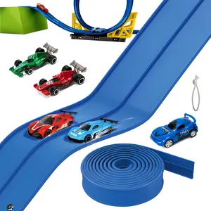 Kids Bendable Race Track Set, Dual-Sided for 1:64 Die-Cast Car Models, Includes 4 Random Color Cars & Suction Cups, Portable Design, Ideal Gift, Diecast Cars