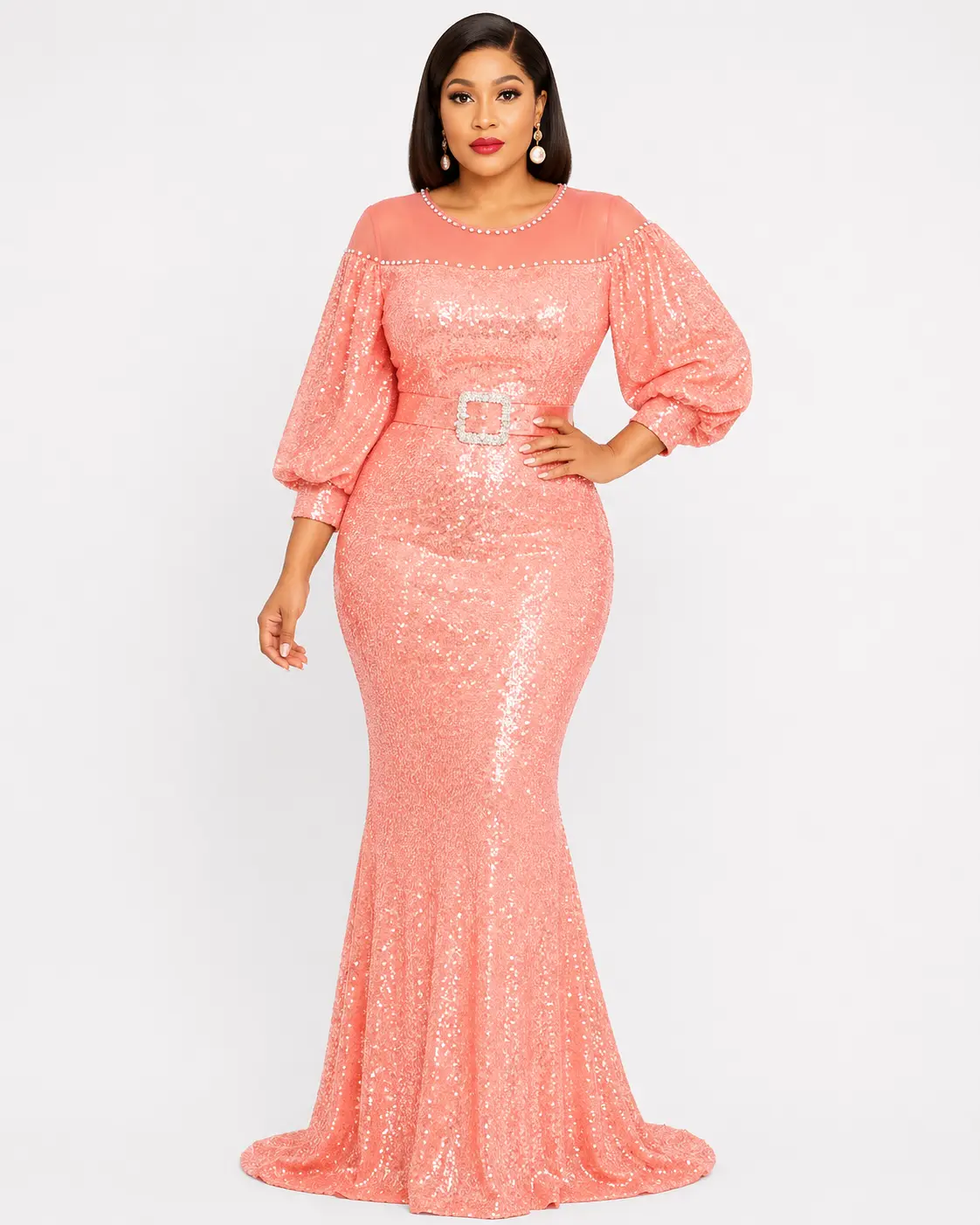 Elegant Peach Sequin Embellished Maxi Dress for Wedding Guest Birthday Party Cocktail Formal Evening Gown