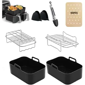 Air Fryer Accessories, Set of 8 for  Dual DZ201/401 &  8Qt-10Qt, Include 2 Dual Air Fryer Racks &2  Air Fryer Liners & 2  Gloves & 1  Clip &100PCS Paper Lining