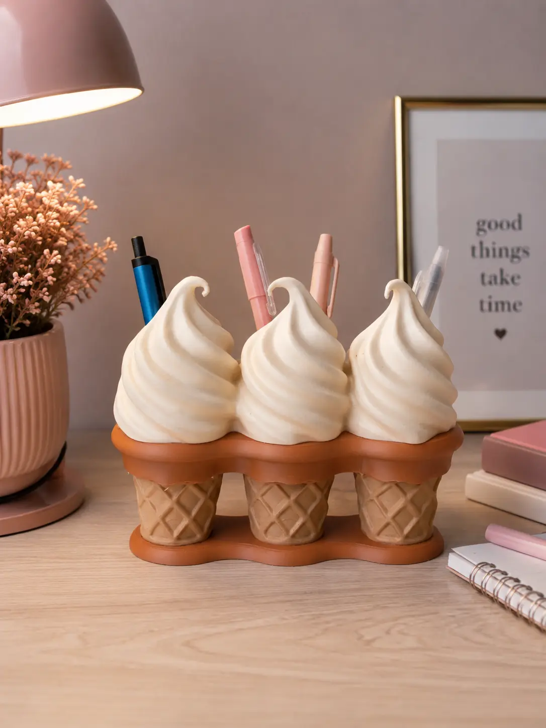 Ice Cream Cone Pen Holder – Triple Desk Organizer, Fun Office & Vanity Decor