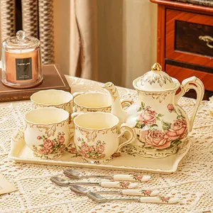 1 Set Vintage Rose Porcelain Tea Set with Teapot, Cups, Serving Tray & Teaspoons, Service for 4, Elegant Durable Tea Ware, Perfect Gift Home