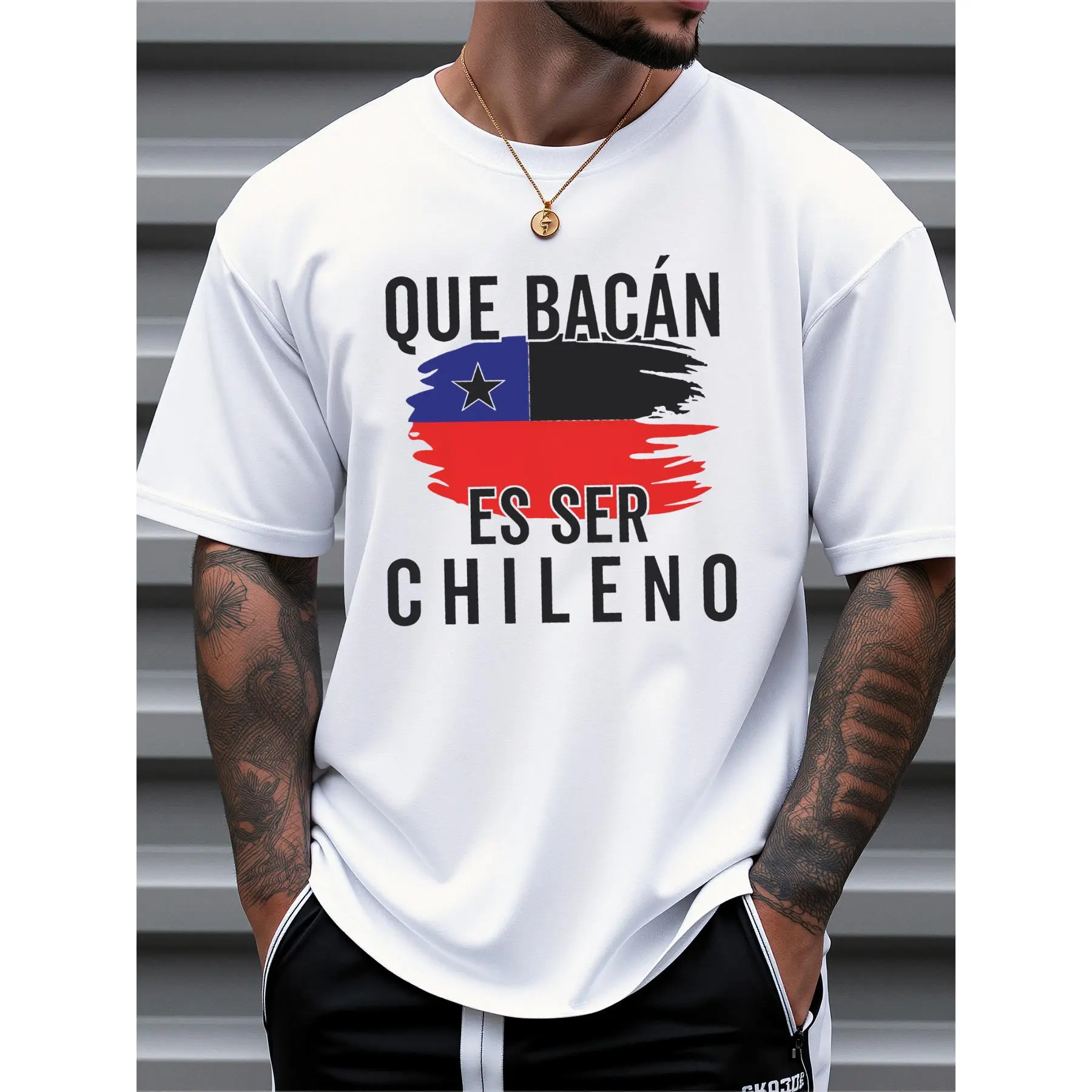 Men's Chile Flag Graphic Short Sleeve T-Shirt - 100% Cotton Casual Tee with Patriotic Print Design, Comfort Fit for Summer, Daily & Outdoor Wear, Breathable Fabric