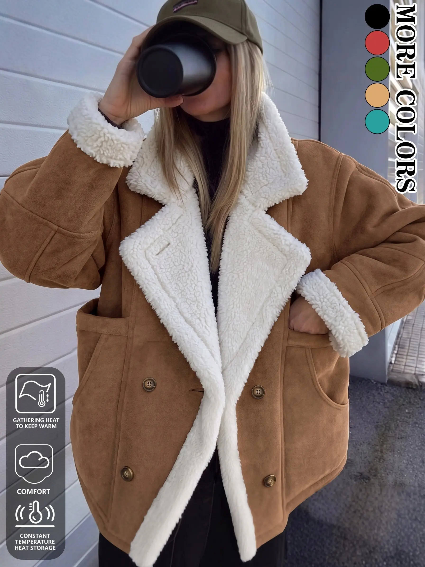 Women’s faux suede shearling jacket with double-breasted design and a large lapel collar, casual warm outerwear featuring a large lapel + double-breasted closure, retro biker style, available in multiple colors, casual street style