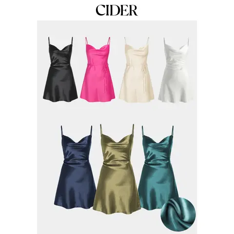 Cider Women's Satin Cowl Neck Sleeveless Elastane-Polyester Blend A-Type Cami Mini Dress - Above the Knee, 7 Colors, Sizes 0-26, Pull-On, Daily Casual Basic, Machine Washable