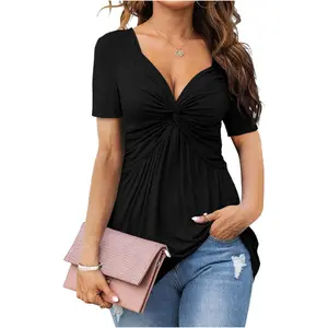 Womens Front Knotted V-Neck Blouse T Shirt Short Sleeve Oversized Tunic Tops Summer Solid Pullover Tees
