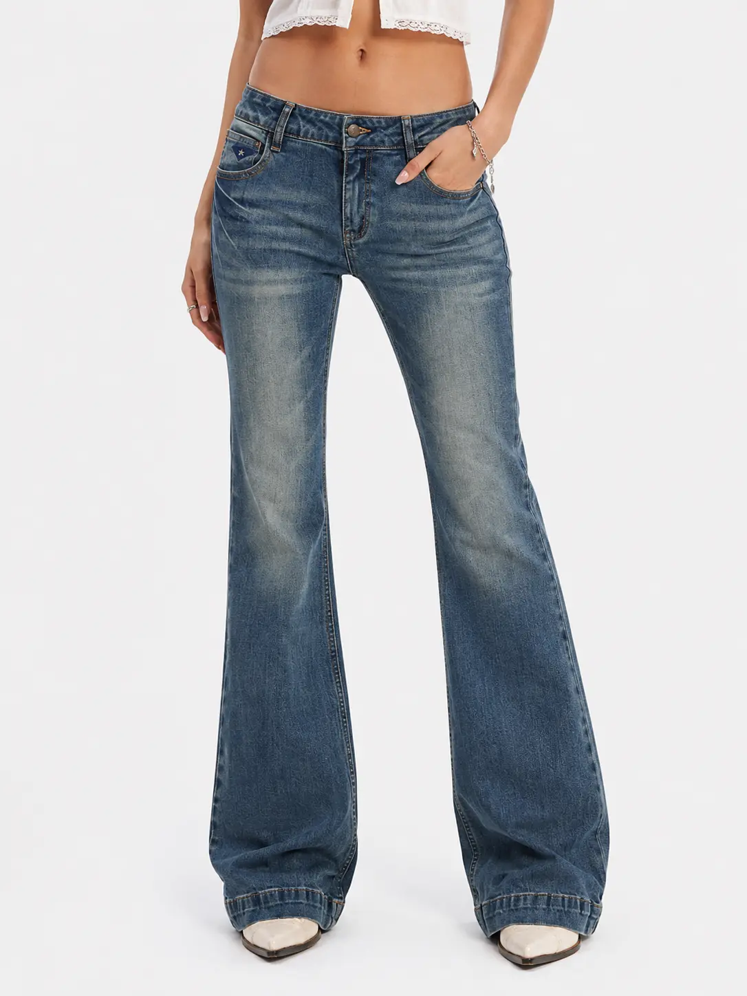 Aelfric Eden Retro Washed Flare Jeans Low-rise Flare Lightning Cat Paw Pattern Retro Wash Effect, Classic Denim with Multiple Pockets Soft Fabric Y2K Streetwear Women's Bottoms,clothes for back to school,first day of school outfits