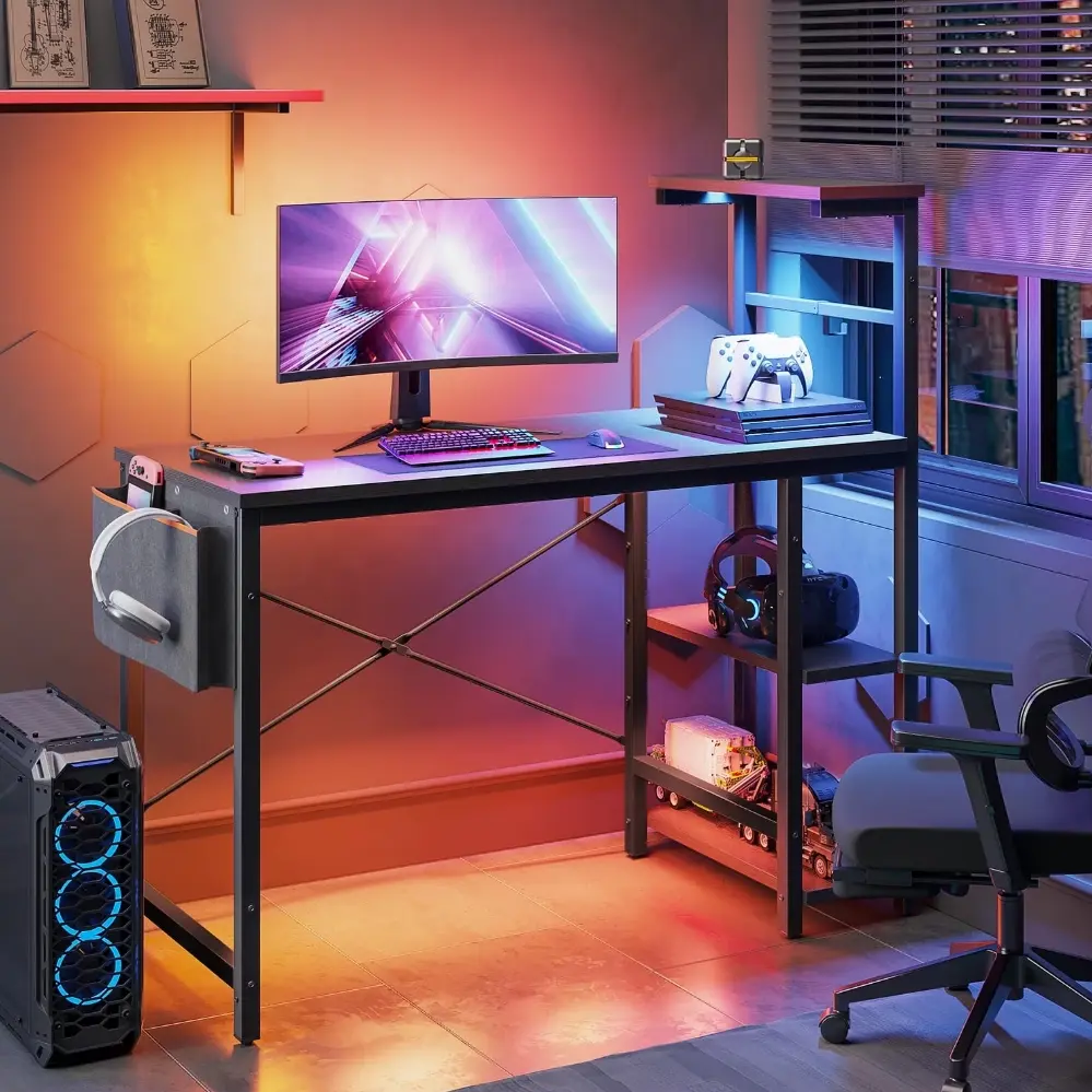 Computer Gaming PC Desk 44 inch Gamer Table with LED Lights, Reversible 4 Tier Storage Shelves, Black
