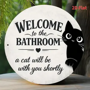 2D Flat Cat-Themed Litter Box Welcome Sign | Metal Plaque, Wall Hanging, Perfect for Home, Office, Bedroom, Shop, Garage Decorations, 20x20cm