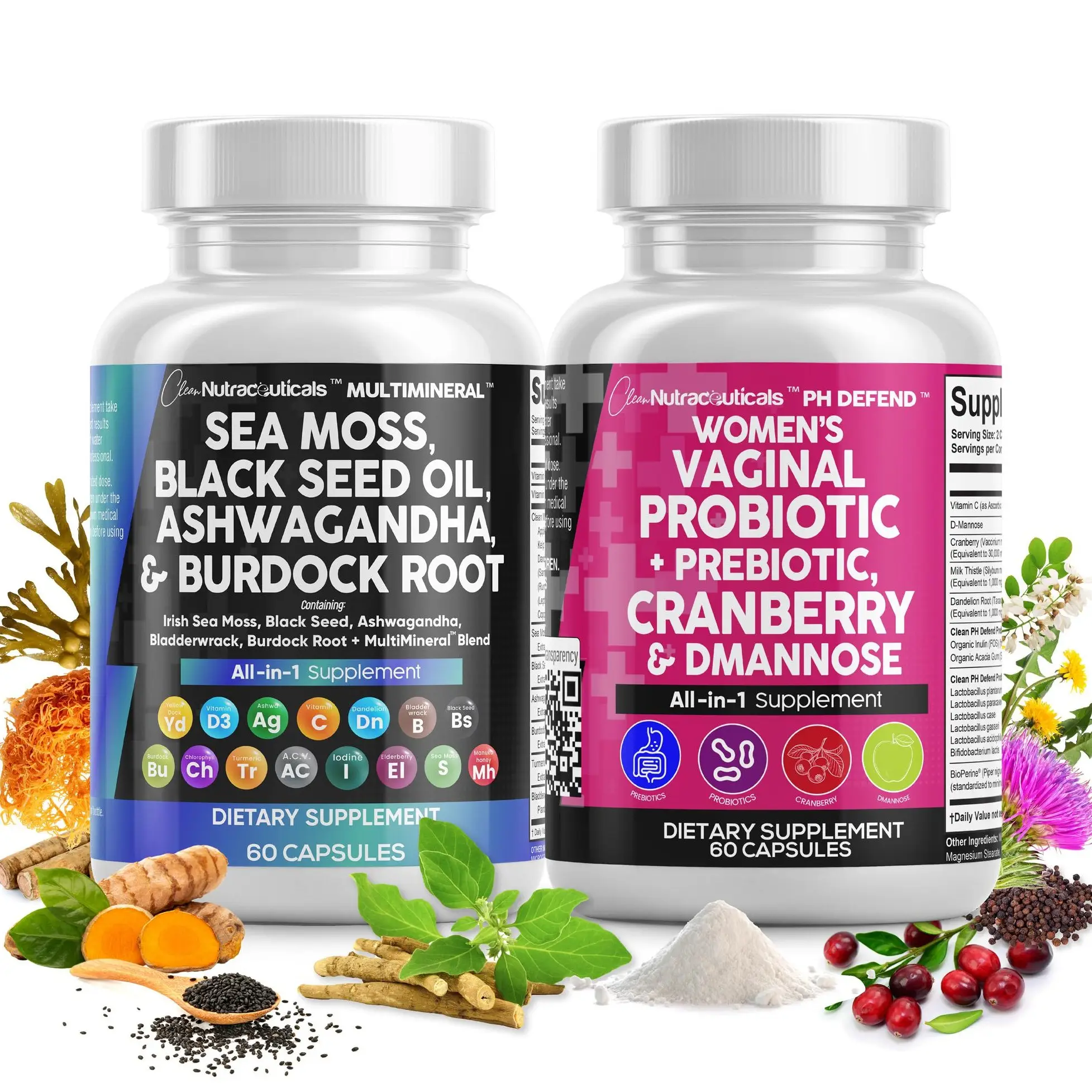 Her Vitality Bundle - Multimineral Sea Moss + PH Defend Womens Probiotic Supplement - Black Seed Oil Ashwagandha Burdock Root Cranberry Dmannose