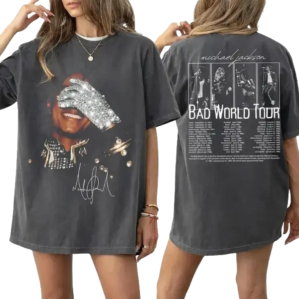 2 Side Michael Jackson Bad World Tour 1987 T-Shirt, Vintage King of Pop Concert Outfit, Retro Bootleg Music Tee, King Of Pop Unisex Fan Gift