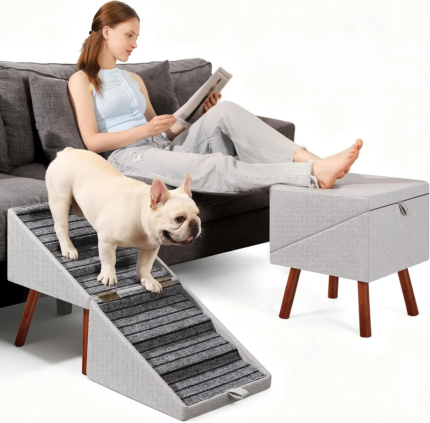 2-in-1 Foldable Ottoman Dog Ramp for Couch(6-Steps) | Convertible Folding Dog Stairs for Couch and Bed,Non-Slip Wooden Pet Stairs for Puppy Senior Injured Dogs