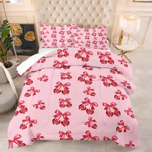 Cute Bowknot and Cherry Pattern Quilt Set, Includes 1 Bedding and 1 or 2 Pillowcases Without Pillows, Perfect Holiday Birthday Gift Bedding Sets