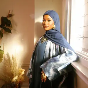 Maani Jannah 4 Piece Royal Organza Abaya in Blue Grey with Crepe Undergarment Chiffon Hijab & Belt for Evening Events Ceremonies Elegant Luxury