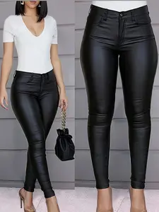 Women's High Waist Elastic Button Shaping Butt Lifting PU Leather Tight Fit Pants, Perfect for, Parties & Nightclubs